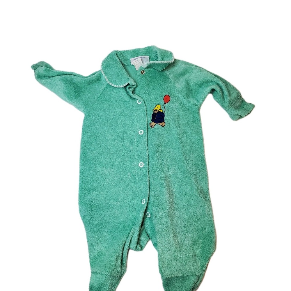 Vtg Paddington Bear Baby Newborn - 3 mos Green Terrycloth Footed Pajamas sleeper